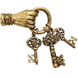 Jeanne Gold Tone Hand Holding Key Charms Brooch, Signed
